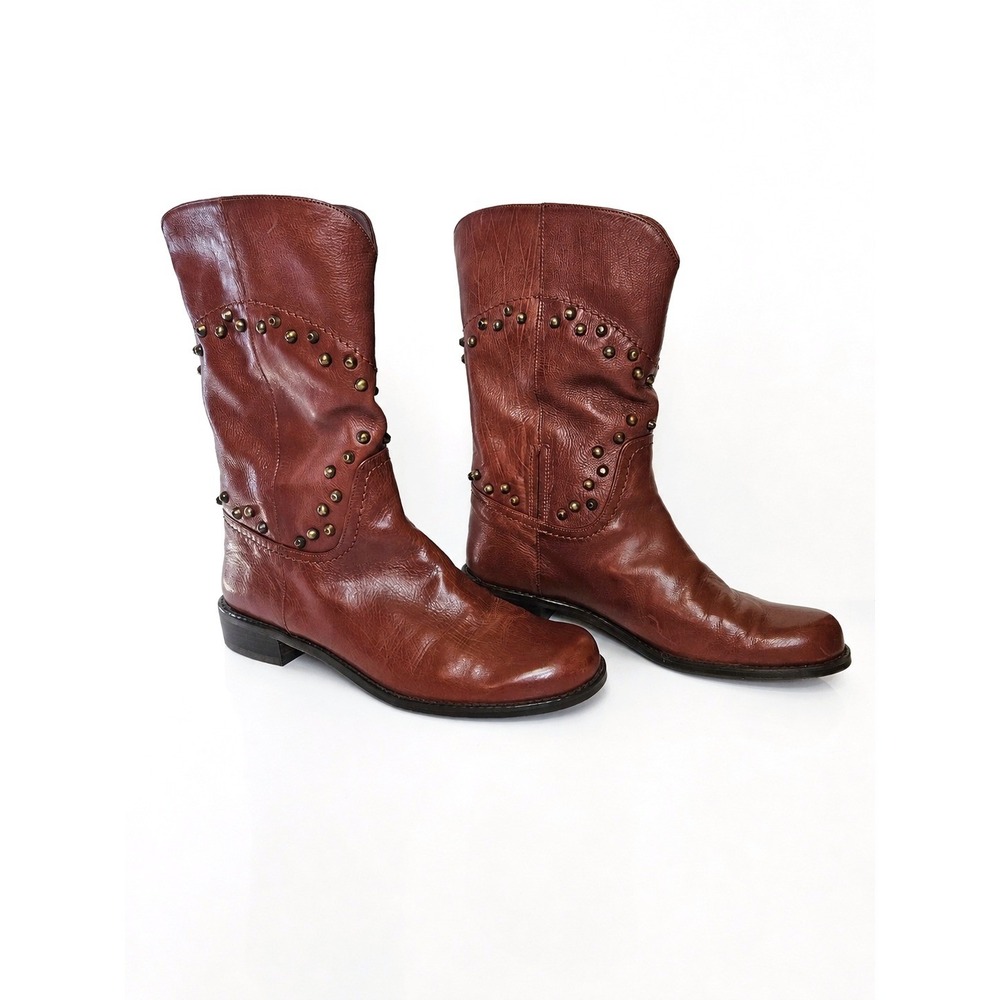 Stuart Weitzman Cognac Brown Leather Studded Western Mid-Calf Boots Womens 7M